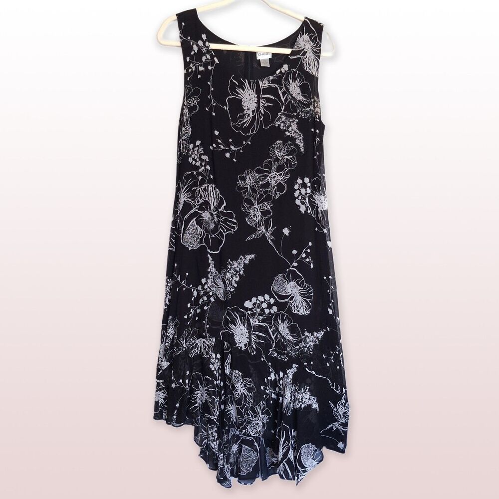 Chico’s 100% Silk Black Sheer Sleeveless Dress Cream Floral Print Size 12